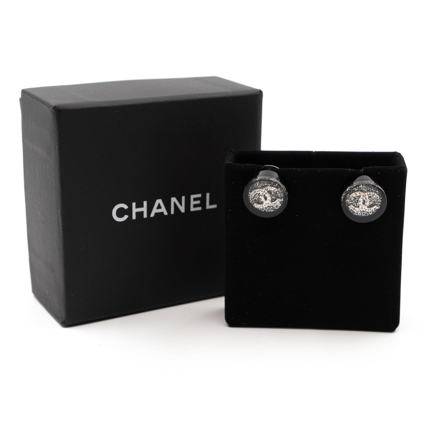CC Round Earrings Black Crystal