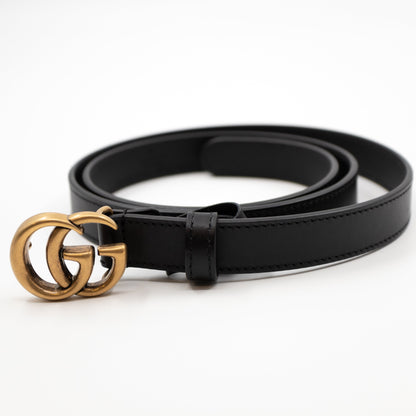 Double G Buckle Black Leather Slim Belt 90 cm