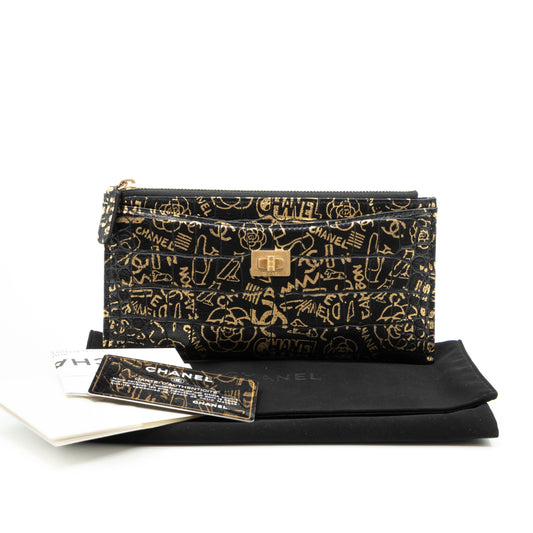 Flat Long Wallet Black Leather Gold Graffiti