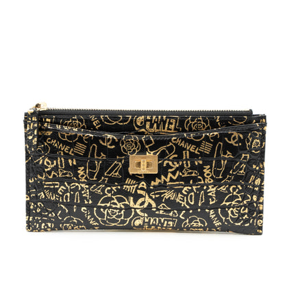 Flat Long Wallet Black Leather Gold Graffiti