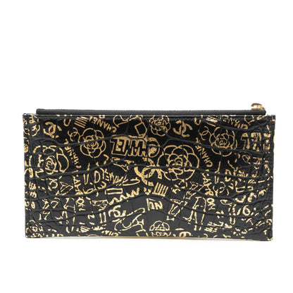 Flat Long Wallet Black Leather Gold Graffiti