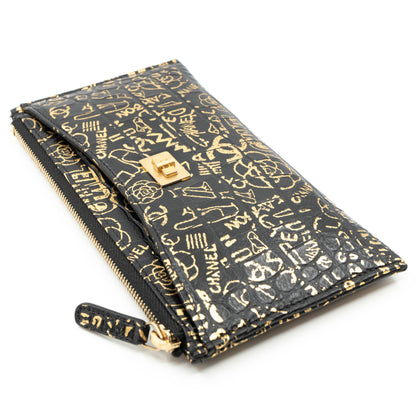 Flat Long Wallet Black Leather Gold Graffiti