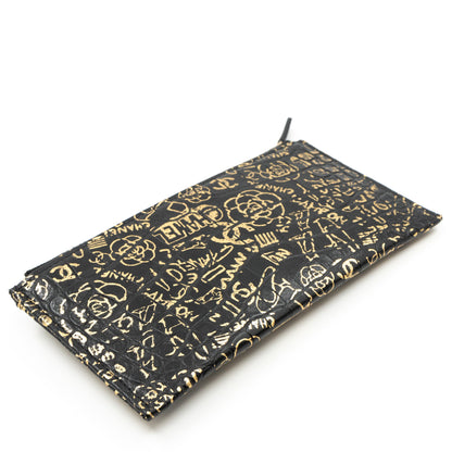 Flat Long Wallet Black Leather Gold Graffiti