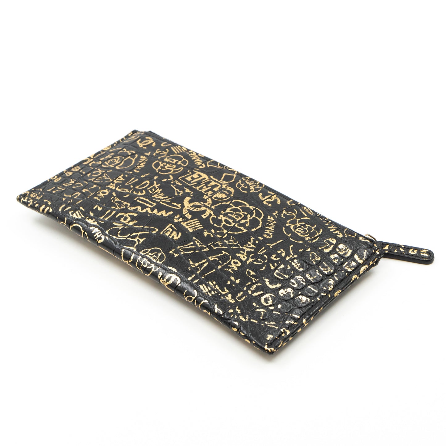 Flat Long Wallet Black Leather Gold Graffiti