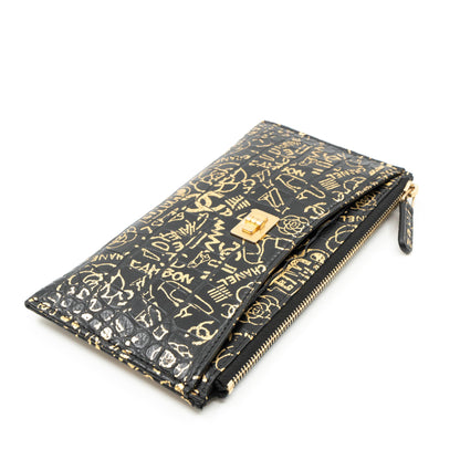 Flat Long Wallet Black Leather Gold Graffiti