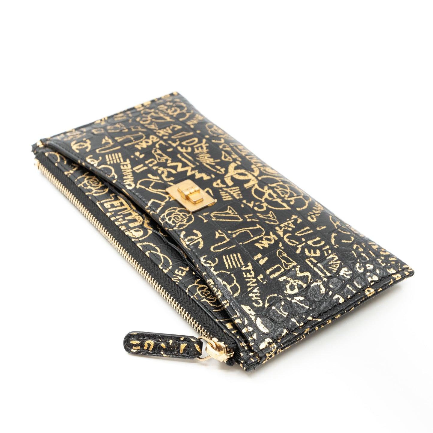 Flat Long Wallet Black Leather Gold Graffiti