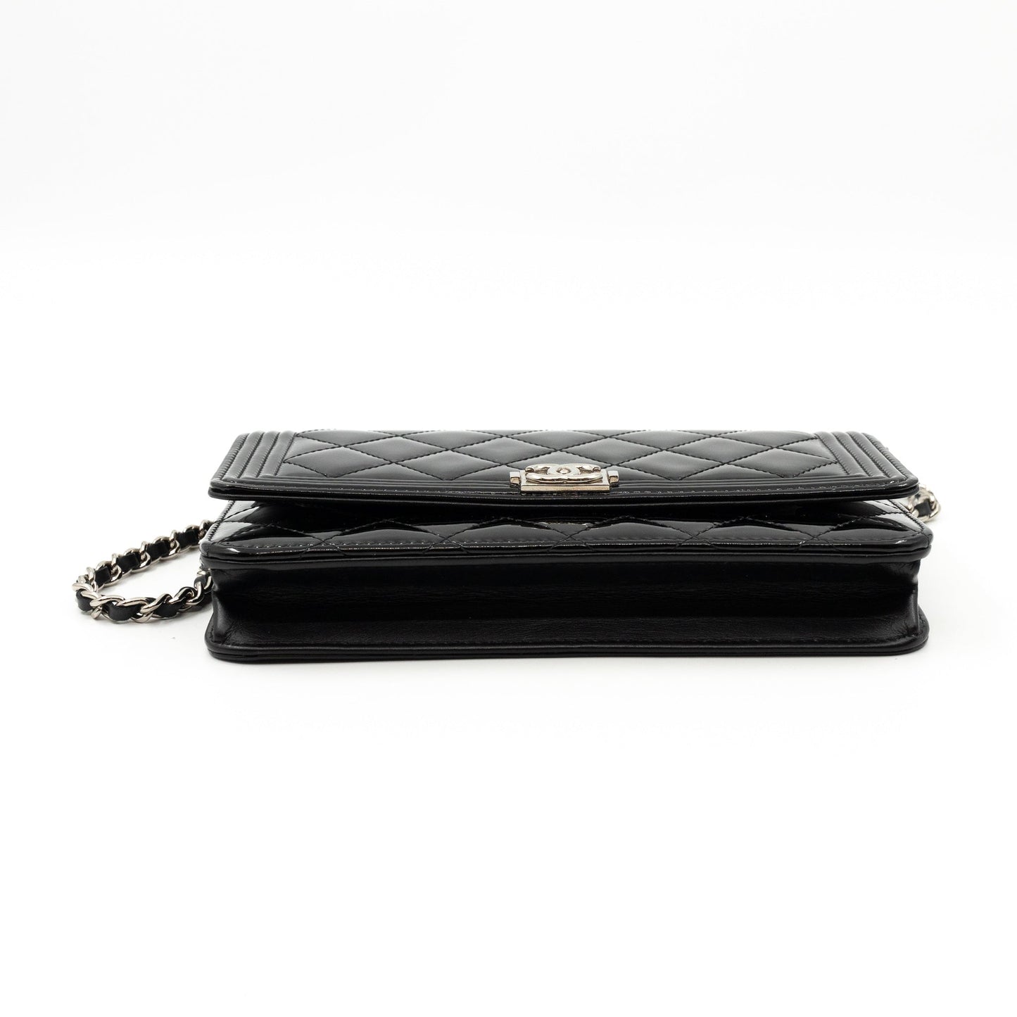 Boy Wallet On Chain Black Patent Leather Silver