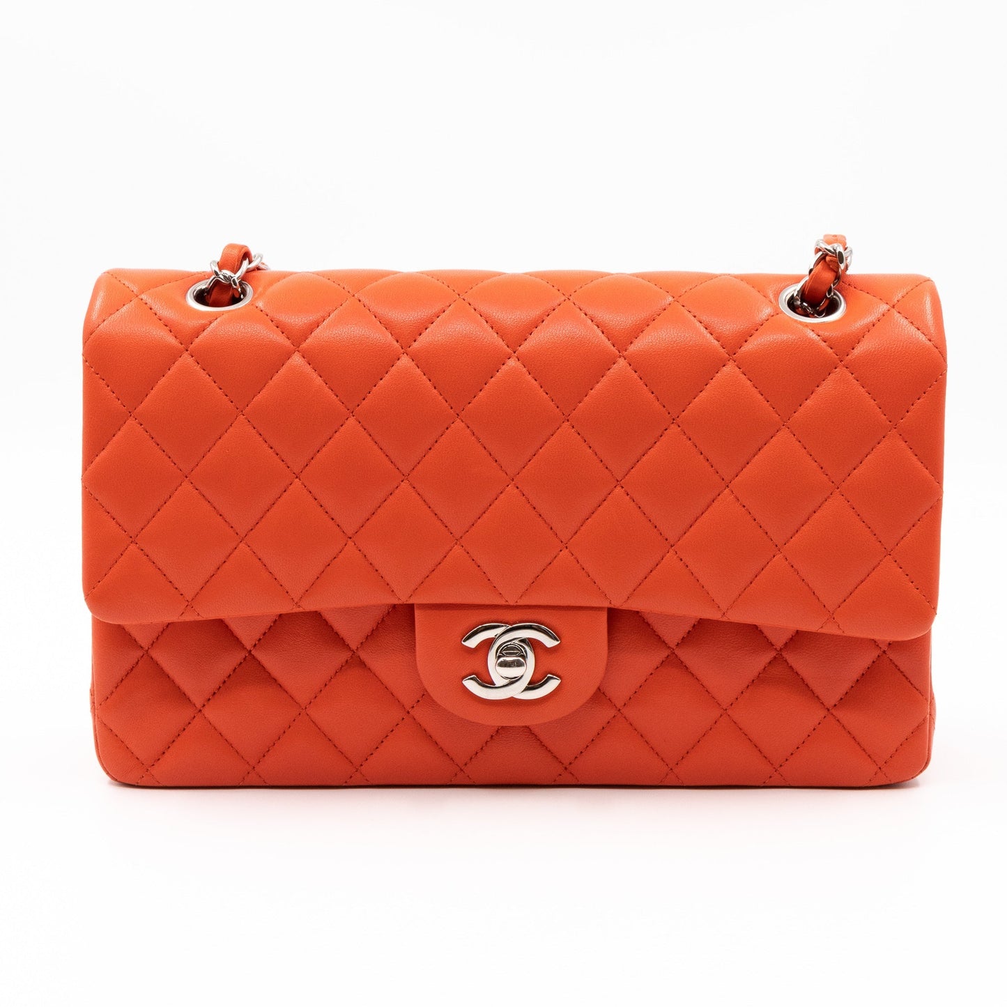 Classic Double Flap Bag Medium Orange Red Leather Silver