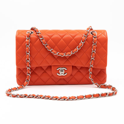 Classic Double Flap Bag Medium Orange Red Leather Silver