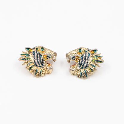 Crystal Enamel Tiger Head Earrings Gold
