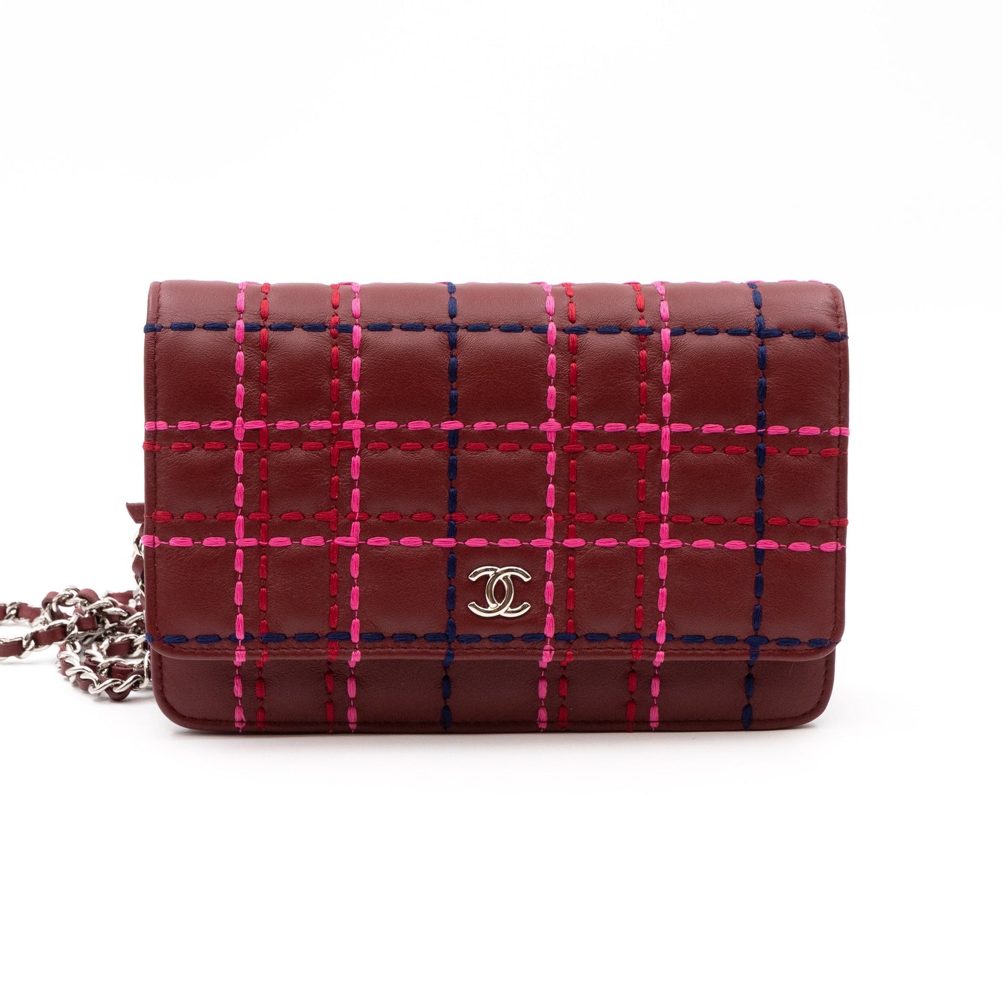 Classic Wallet On Chain Burgundy Leather Square Stitch