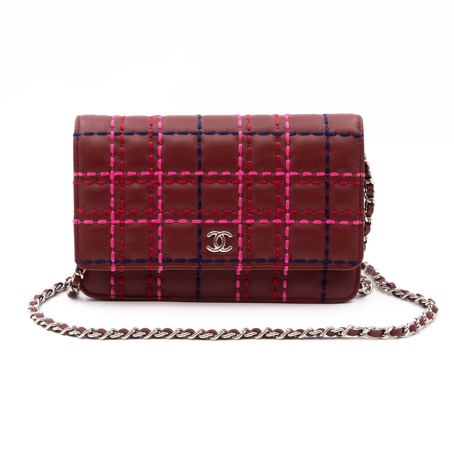 Classic Wallet On Chain Burgundy Leather Square Stitch