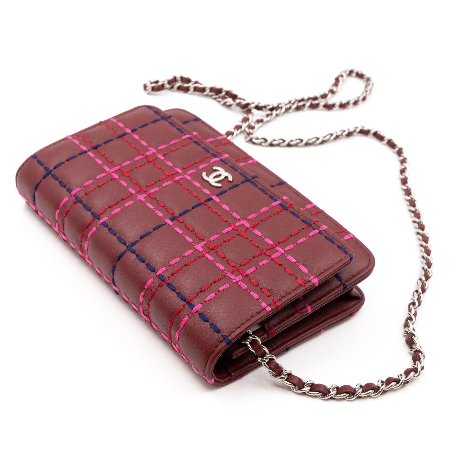 Classic Wallet On Chain Burgundy Leather Square Stitch