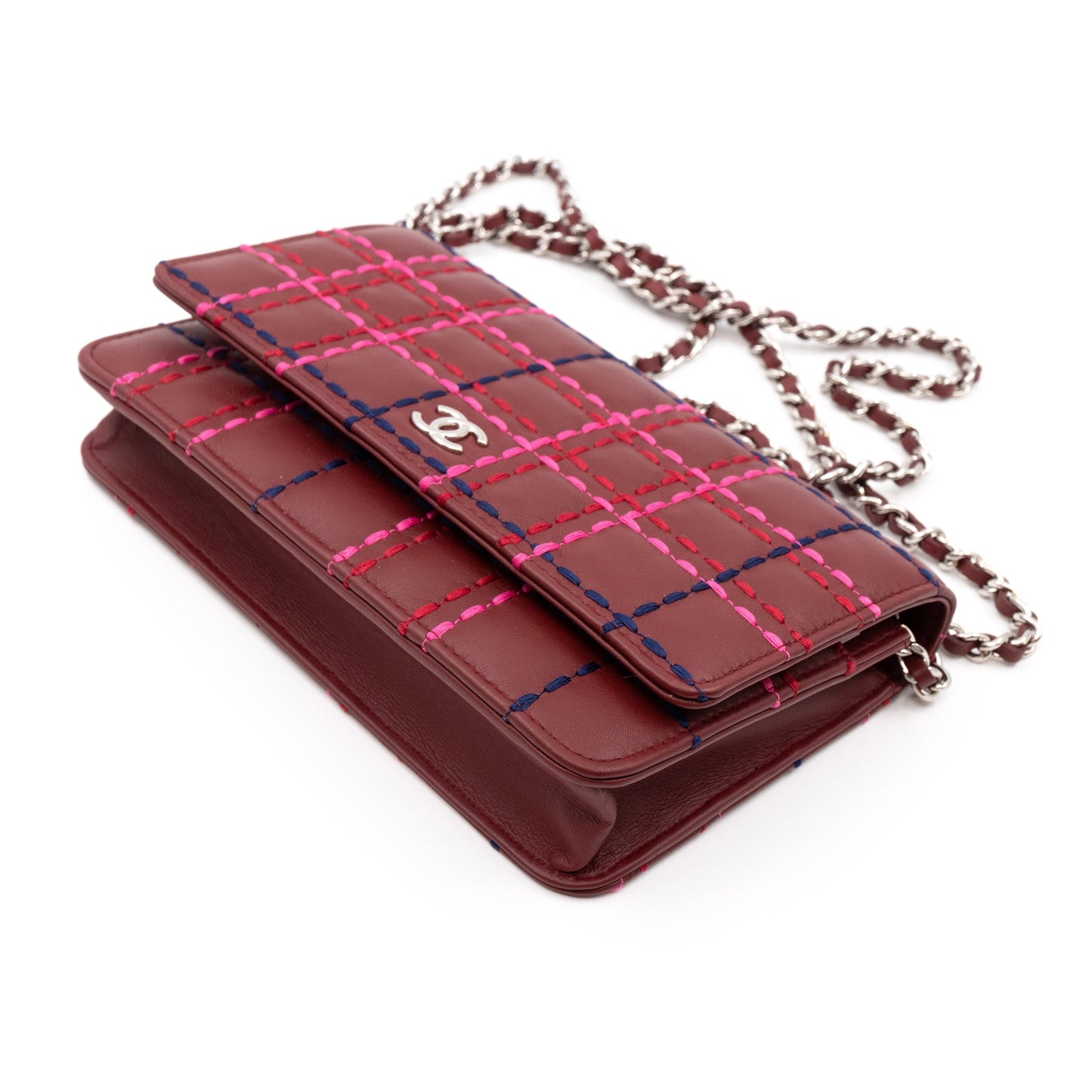 Classic Wallet On Chain Burgundy Leather Square Stitch