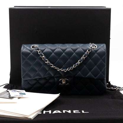 Classic Double Flap Bag Medium Navy Blue Leather Silver