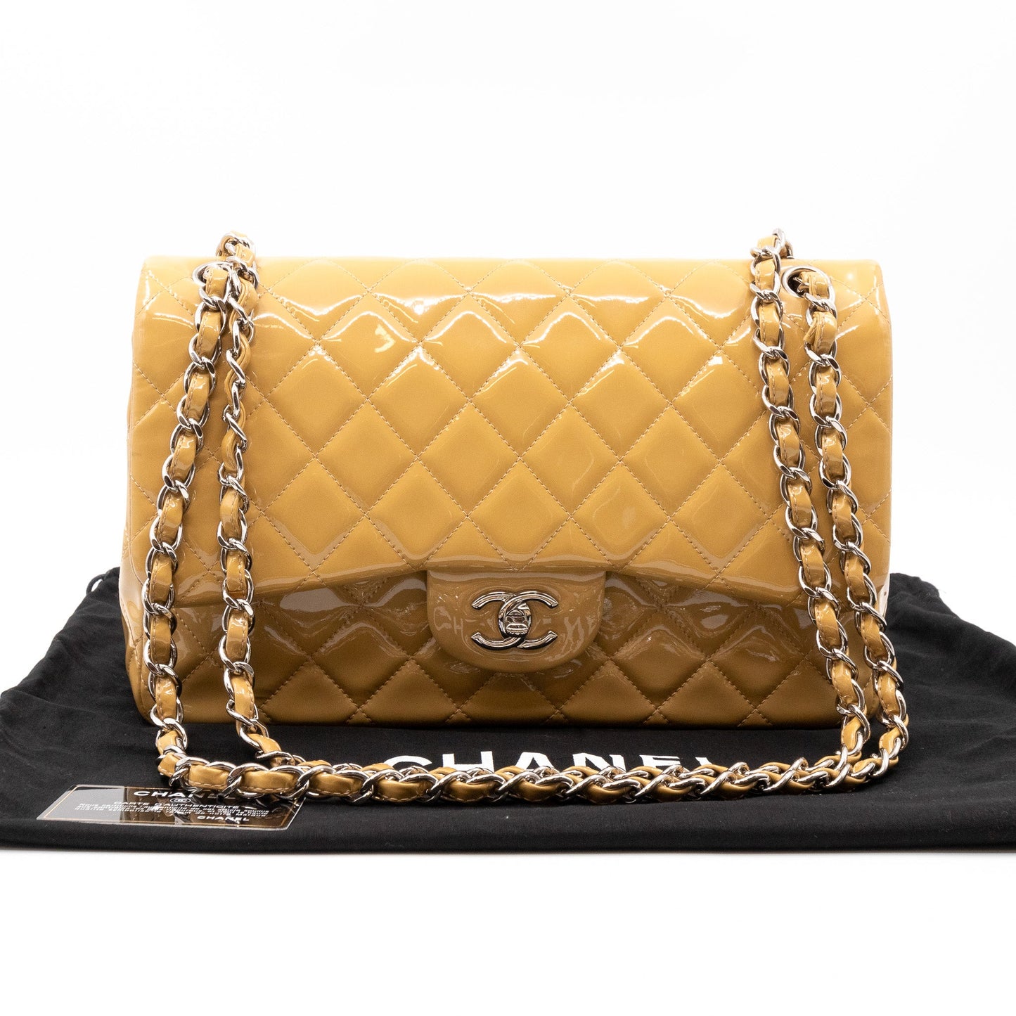 Classic Double Flap Jumbo Dark Beige Patent Leather Silver