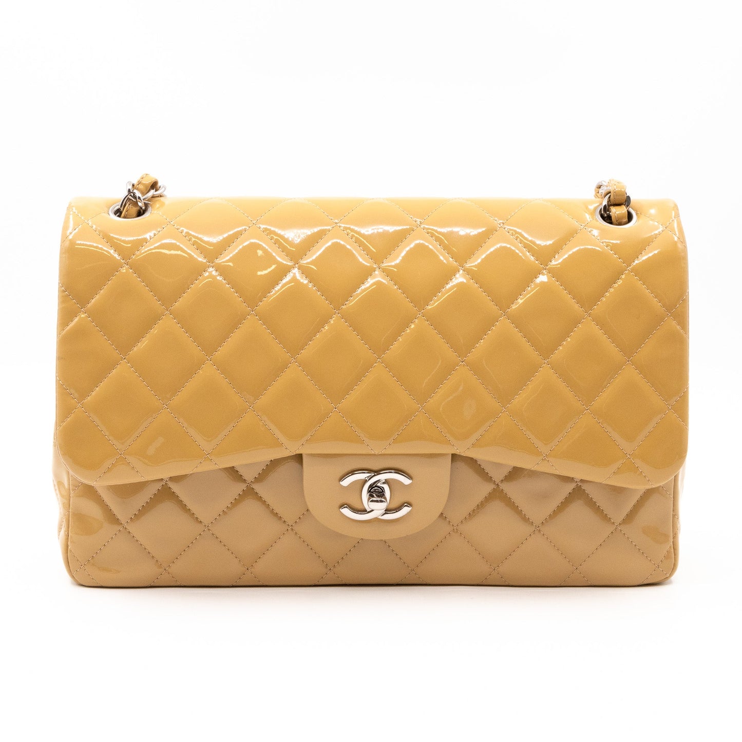 Classic Double Flap Jumbo Dark Beige Patent Leather Silver
