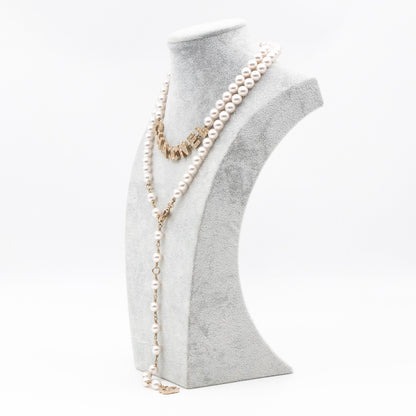 Crystal Chanel Logo Pearl Necklace