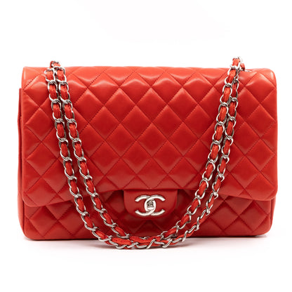 Classic Double Flap Maxi Red Lambskin Silver