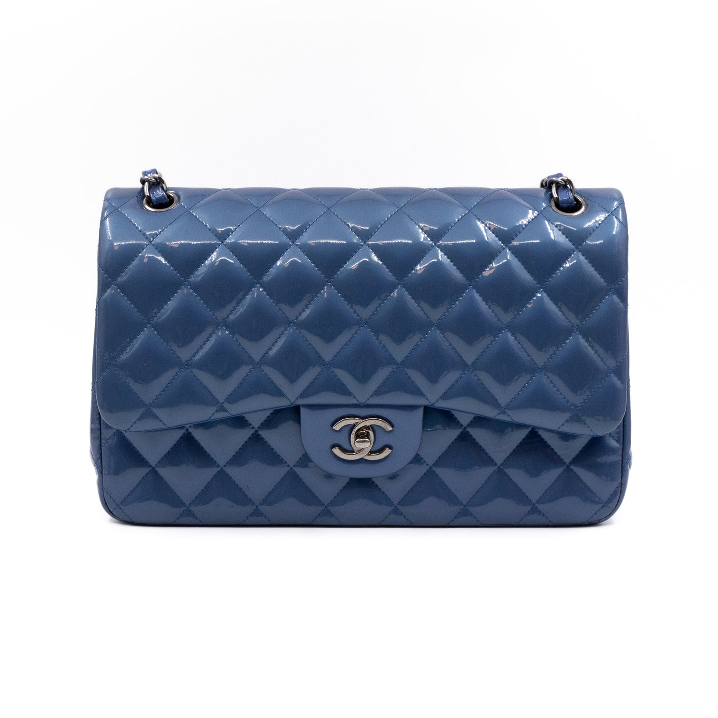 Classic Double Flap Jumbo Royal Blue Metallic Patent Leather
