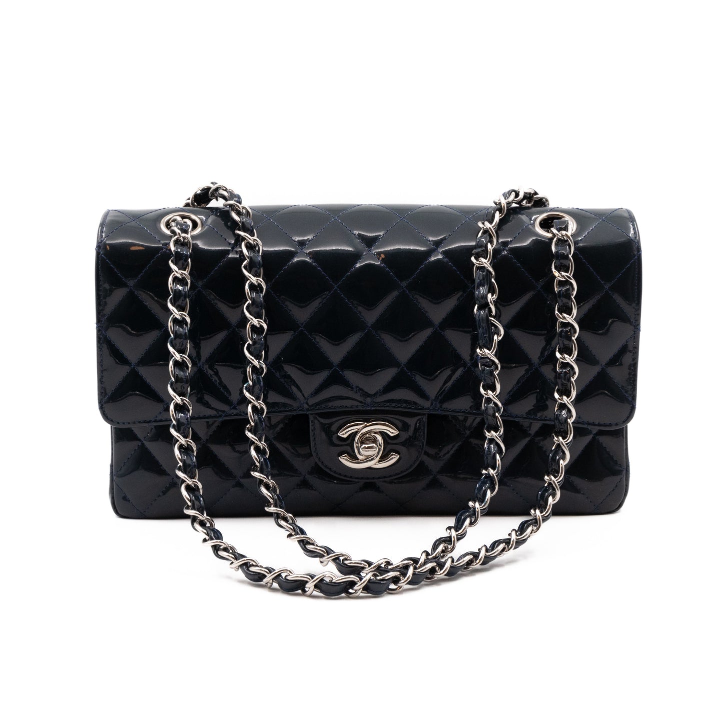 Classic Double Flap Bag Medium Navy Blue Patent Leather Silver