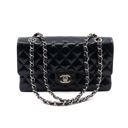 Classic Double Flap Bag Medium Navy Blue Patent Leather Silver