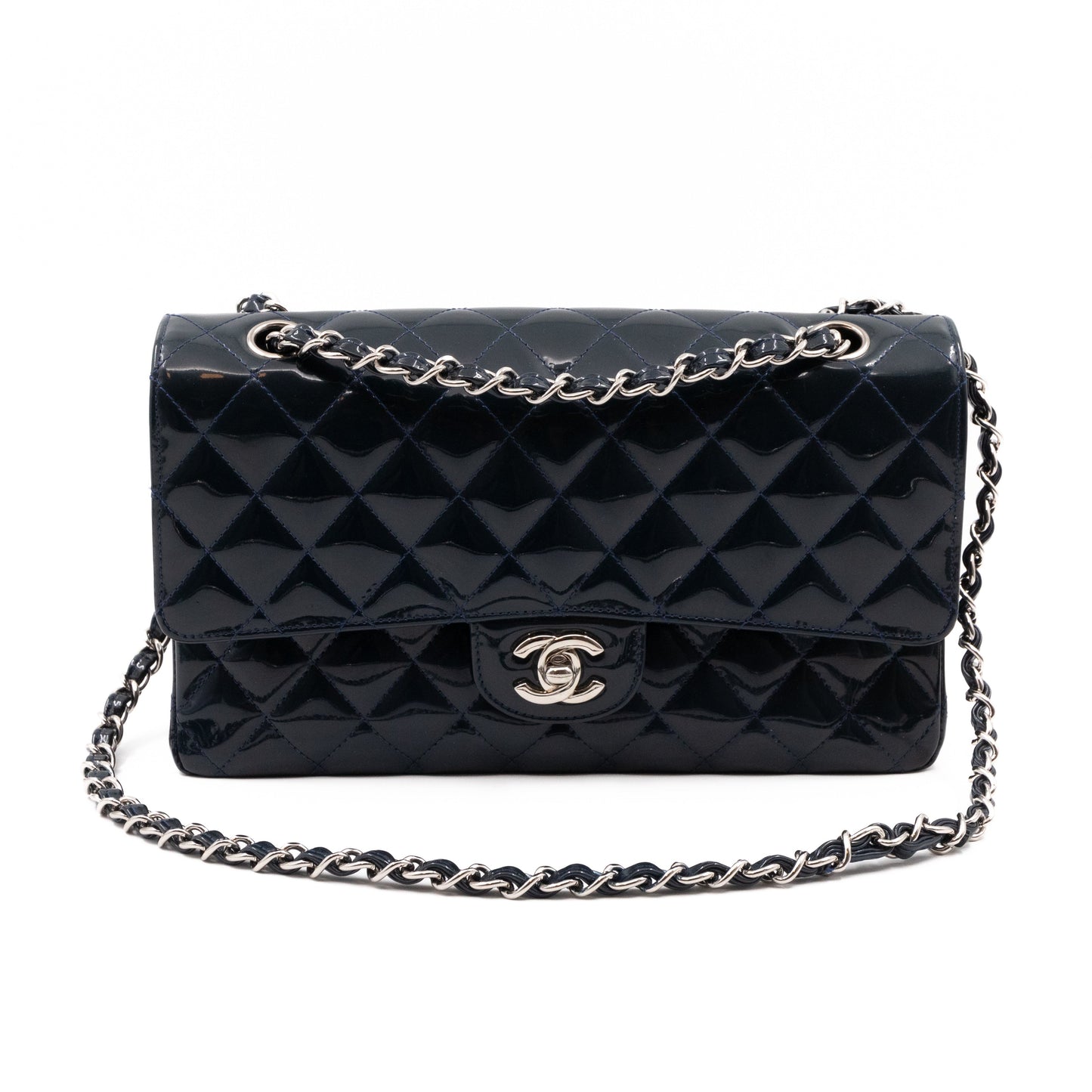 Classic Double Flap Bag Medium Navy Blue Patent Leather Silver
