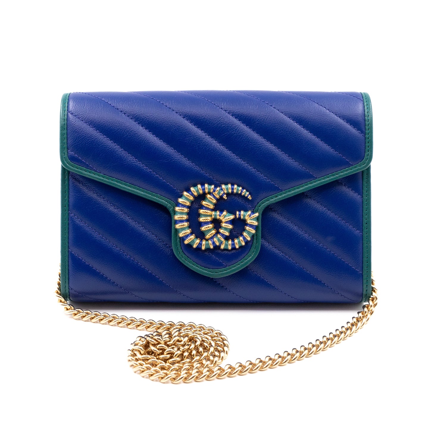 GG Marmont Flap Diagonal Matelassé Chain Wallet Blue Leather