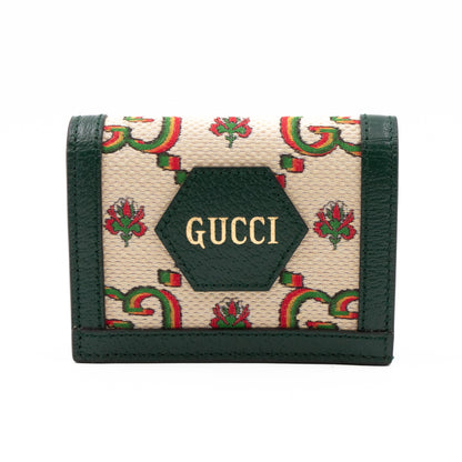 Gucci 100 Card Case Green Leather Beige Jacquard