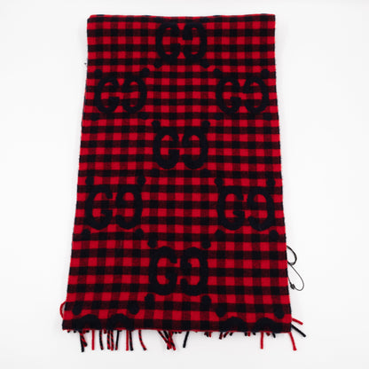 GG Plaid Tartan Wool Scarf Stole Red & Dark Blue