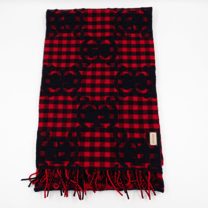 GG Plaid Tartan Wool Scarf Stole Red & Dark Blue