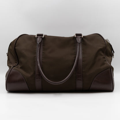 Duffle Green Nylon and Brown Leather Travel Bag
