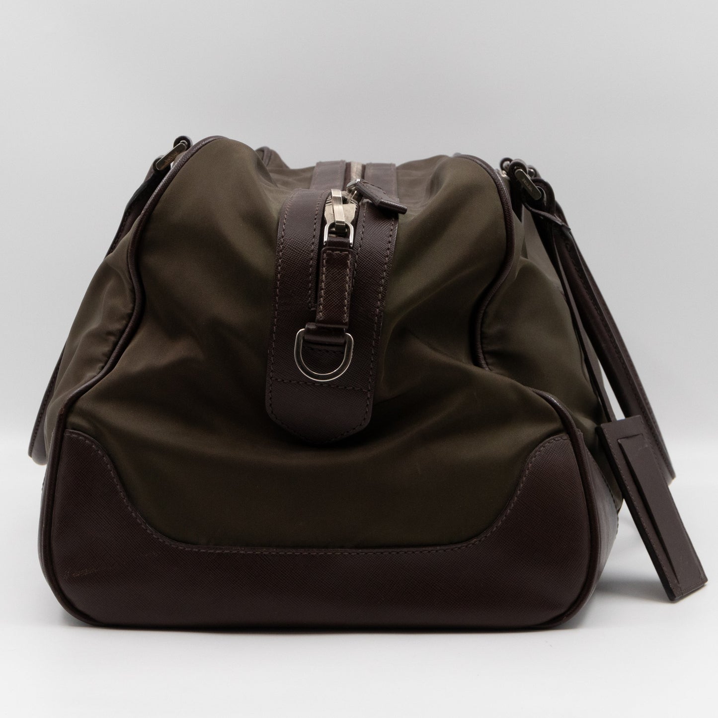 Duffle Green Nylon and Brown Leather Travel Bag