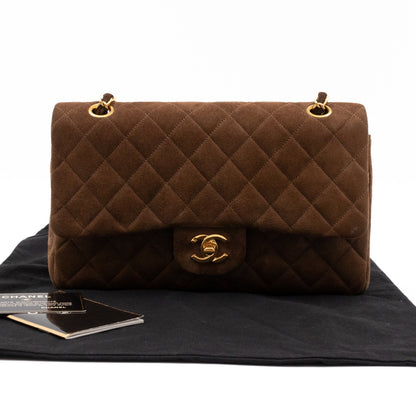 Classic Double Flap Bag Medium Brown Suede Leather Gold