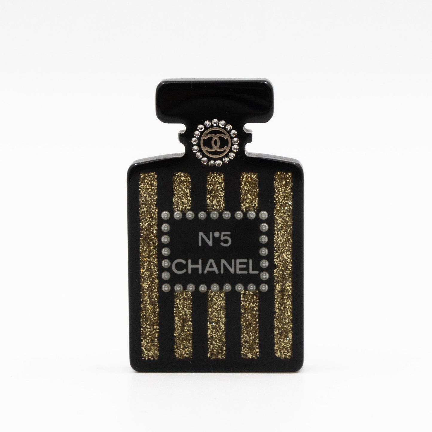 Resin Strass Perfume Bottle CC Brooch Black Gold