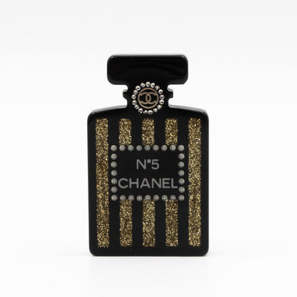 Resin Strass Perfume Bottle CC Brooch Black Gold