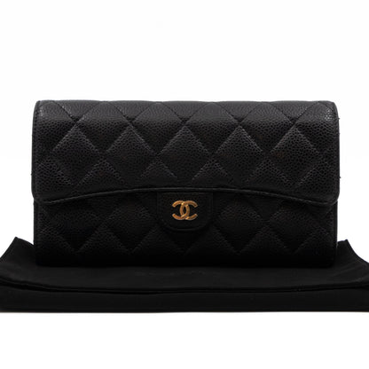 Classic Flap Long Wallet Black Caviar Gold