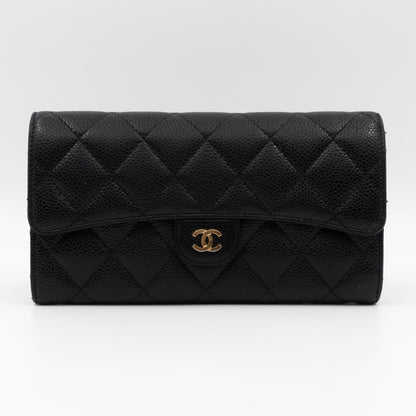 Classic Flap Long Wallet Black Caviar Gold