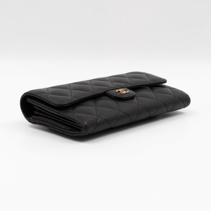 Classic Flap Long Wallet Black Caviar Gold