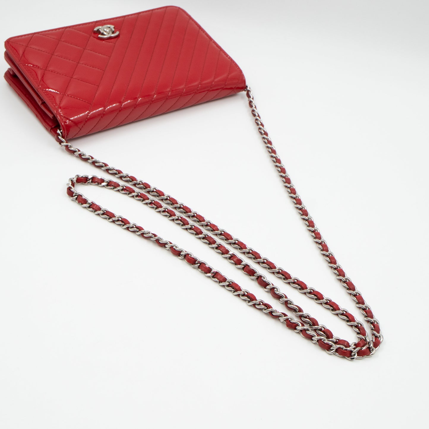 Coco Boy Wallet On Chain Quilted Red Patent Leather Silver