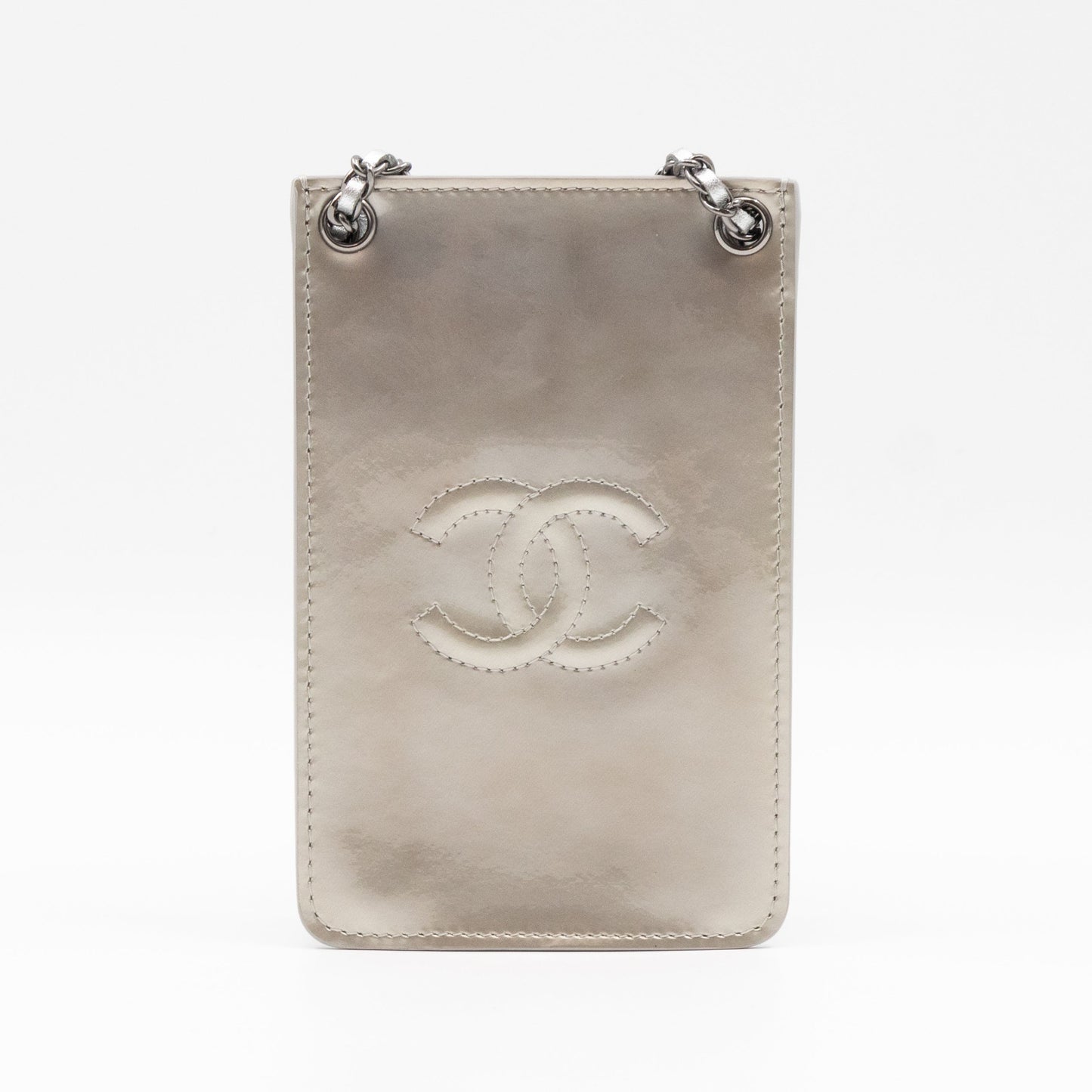 CC Phone Holder Crossbody Bag Silver Metallic Patent Leather