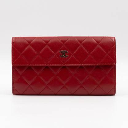 Long Trifold Flap Wallet Red Leather