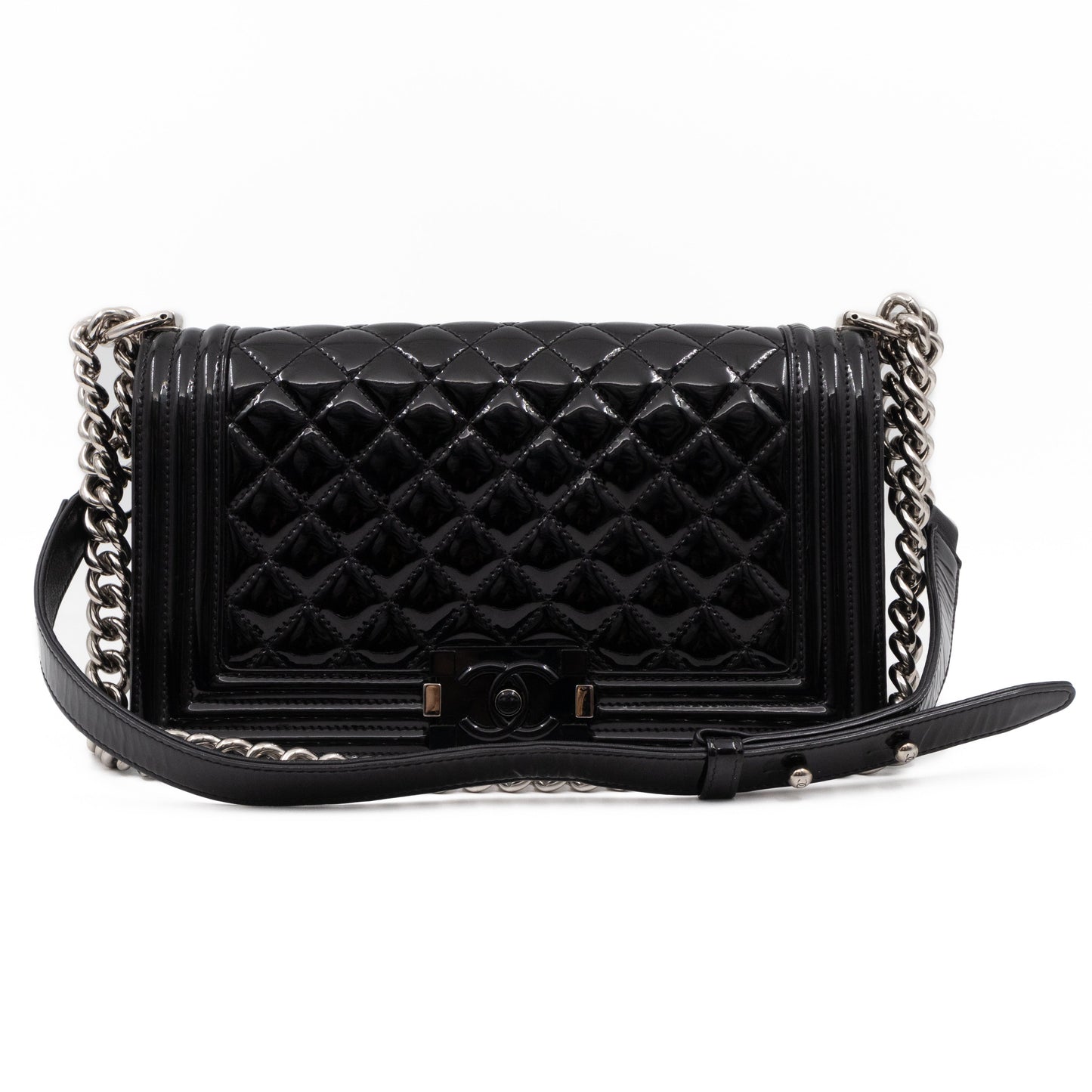 Boy Bag Old Medium Black Patent Leather with Plexiglass Lock