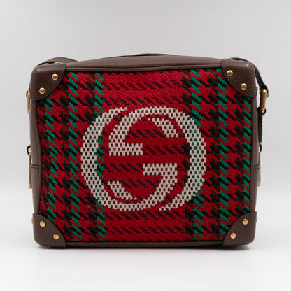 Houndstooth Woven Square Trunk Bag Brown Leather