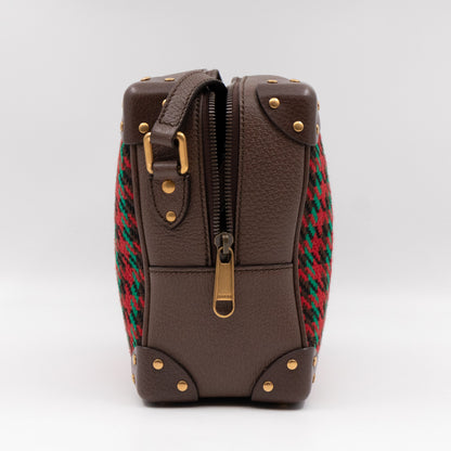 Houndstooth Woven Square Trunk Bag Brown Leather