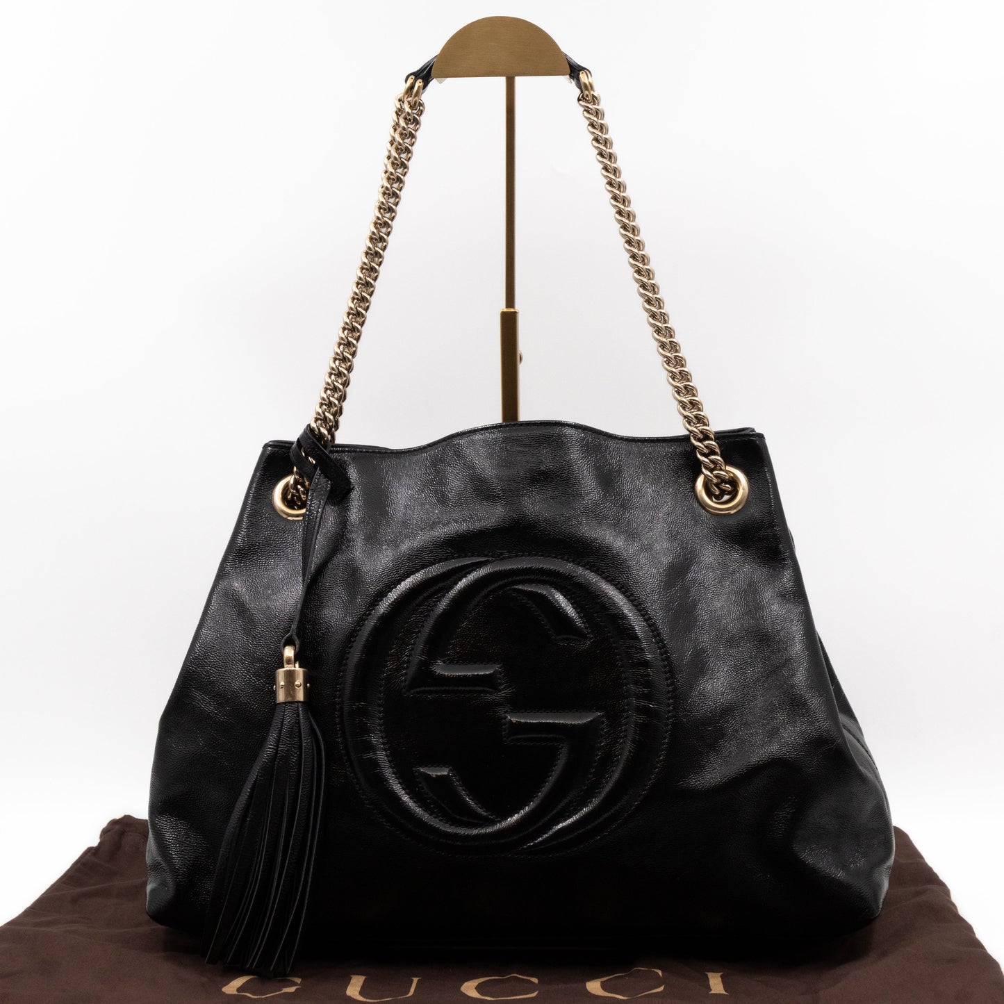 Soho Tassel Chain Tote Crumpled Black Patent Leather