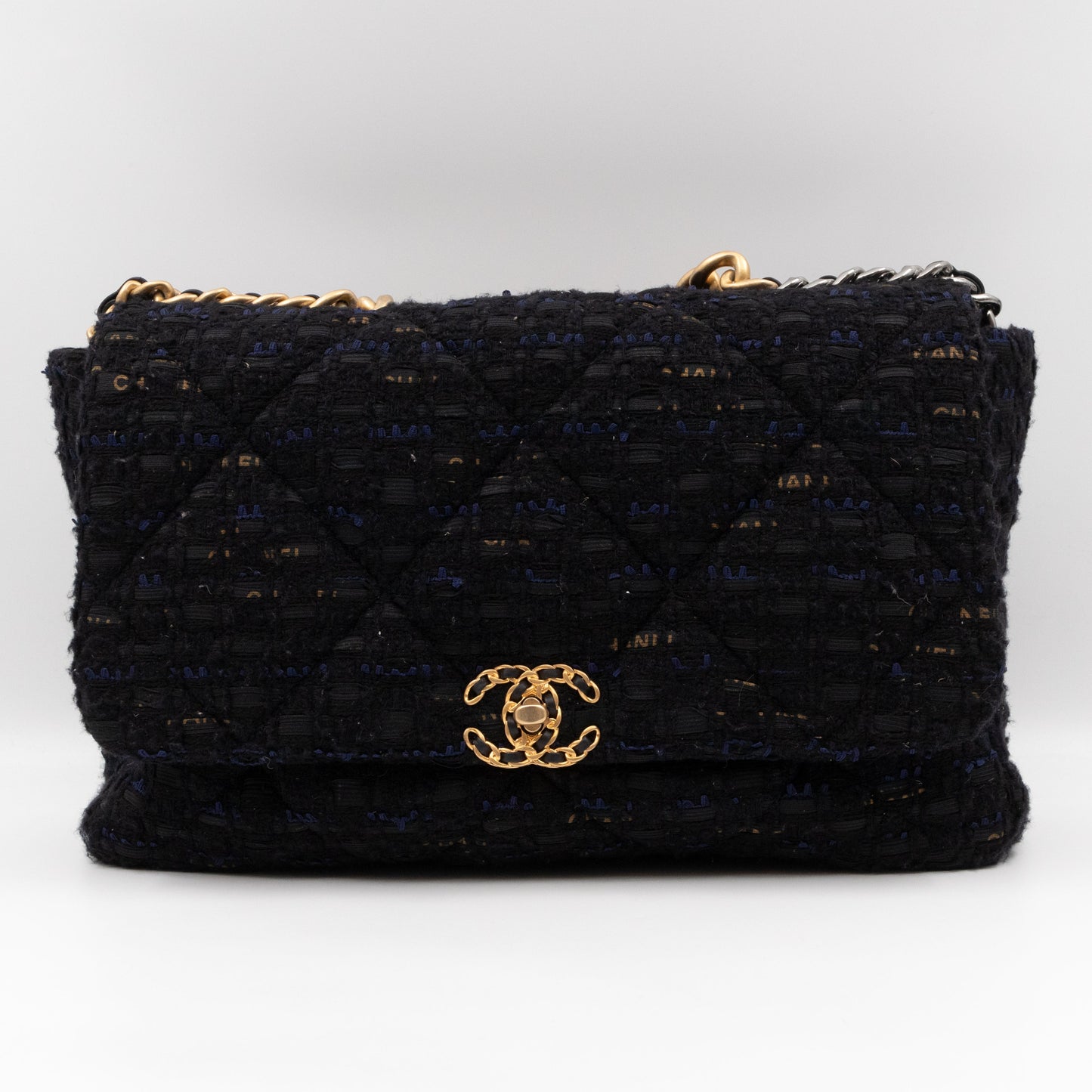 Chanel 19 Maxi Black Navy Tweed