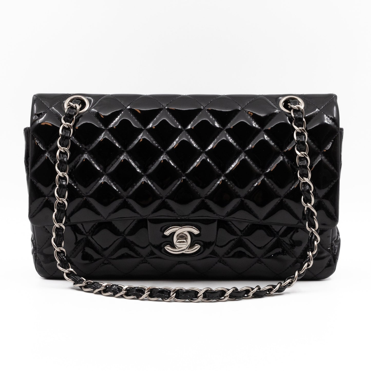 Classic Double Flap Medium Black Patent Leather Silver