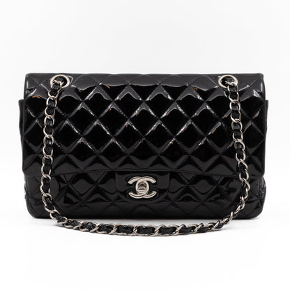 Classic Double Flap Medium Black Patent Leather Silver