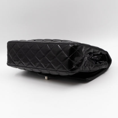 Classic Double Flap Medium Black Patent Leather Silver
